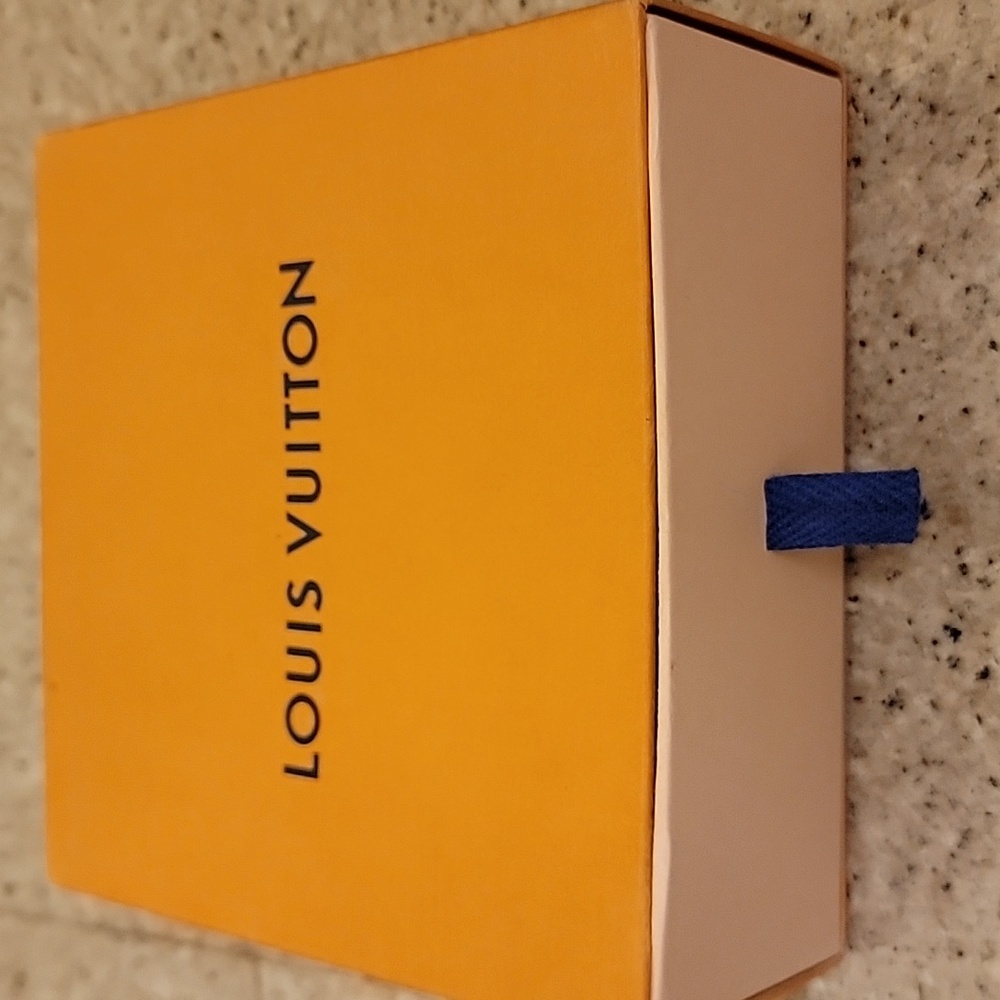 LOUIS VUITTON trademark orange color and navy blue ribbon box 6 1/2 x 6 1/2 box